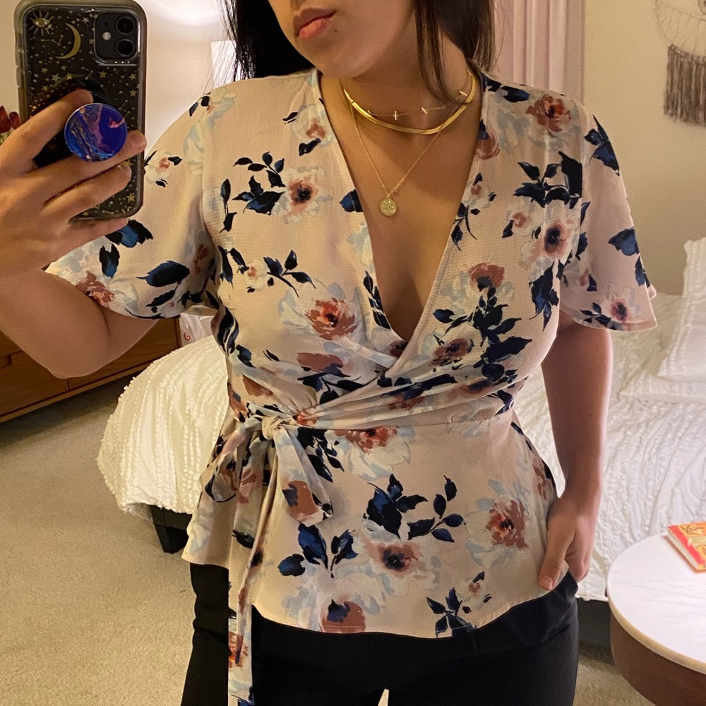 Floral Wrap Top - Cream and Blue